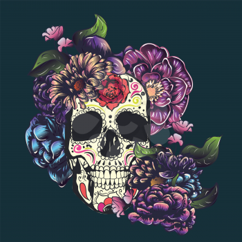 Day of the dead floral sugar skull with flowers colorful design.