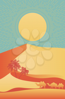 Sand dunes and palm trees in desert, vintage minimalist poster design.