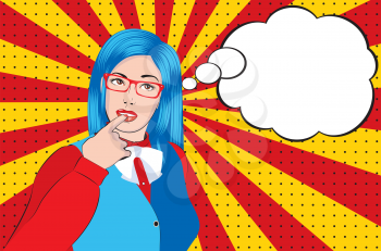 Young thoughtful woman in eyeglasses, retro pop art style illustration.