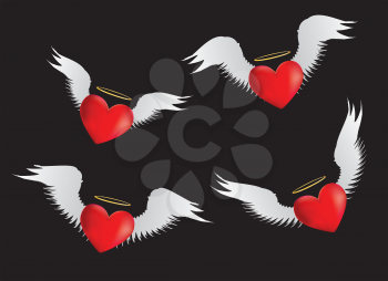 Set of red hearts with angel wings on black background.