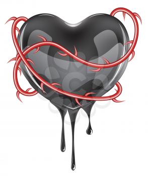 Black bleeding heart icon with red rose thorns on white background.
