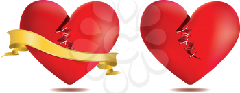 Valentine red hearts broken with golden ribbon on white background.
