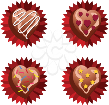 Illustration of delicious chocolate hearts collection on white background.
