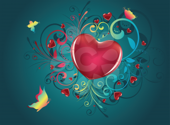 Red glossy heart with decorative floral ornament and colorful butterflies.