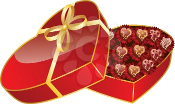 Illustration of opened red heart shape gift with chocolates for Valentine's Day.