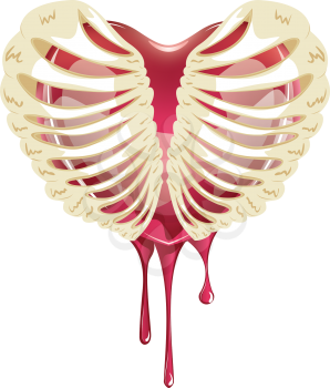 Abstract cartoon bleeding red heart in a rib cage.