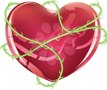 Red glossy heart icon with green rose thorns on white background.