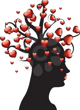 Abstract tree with red hearts on woman's head on white background.