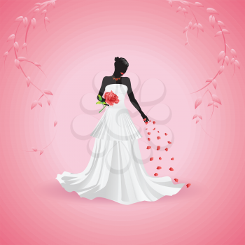 Silhouette of a bride holding big red rose on pink background.