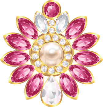 Fashion golden brooch design with pearl and ruby gems.