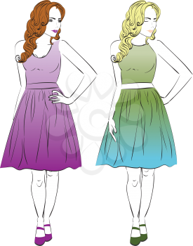 Illustration of a pear body type woman in different dresses, line art style .