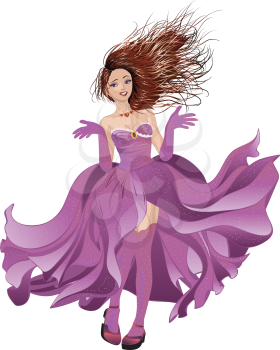 Brunette girl in glamour purple flowing dress.