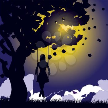 Silhouette of a girl on swing under the tree at night time.