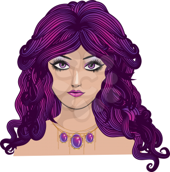 Illustration of fantasy girl portrait with purple hair.