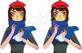 Cartoon woman in blue scarf suffering influenza and runny nose.