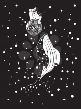 Outer space background with fishing spaceman and whale, abstract illustration.