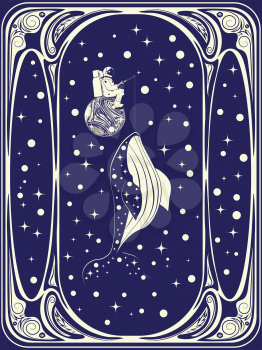 Outer space background with fishing spaceman and whale, abstract illustration.