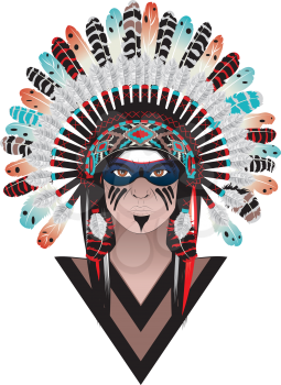 Native american man wearing war bonnet, tribal portrait design.
