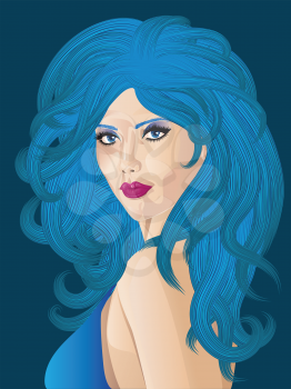 Fancy woman with long curly blue hair and eyes.