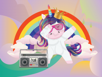 Cute cartoon unicorn with music boombox retro design.