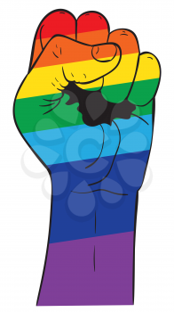 Raised clenched fist in rainbow colors, fight for lgbt rights concept.