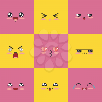 Cartoon kawaii facial expressions, different emotions set.
