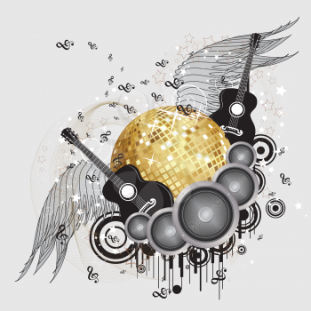 Abstract music background with golden disco ball, speaker and guitar.