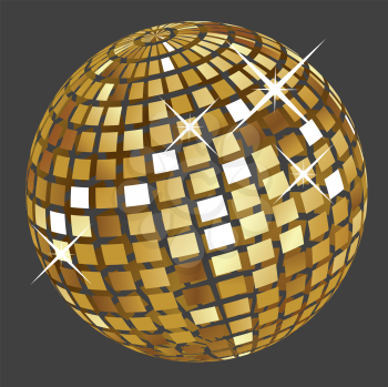 Shining golden disco ball on dark grey background.