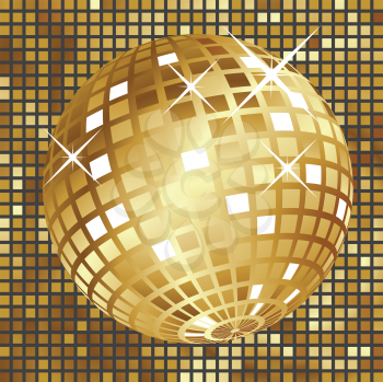 Shining golden disco ball on yellow mosaic background.