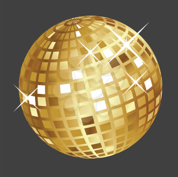 Shining golden disco ball on dark grey background.