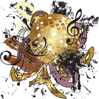 Grunge music design with golden disco ball and floral.