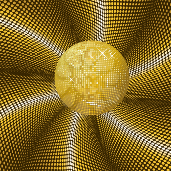 Sparkling golden party disco ball on abstract background.