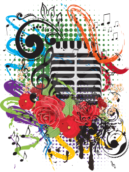 Retro style metal microphone colorful grunge illustration, music background.