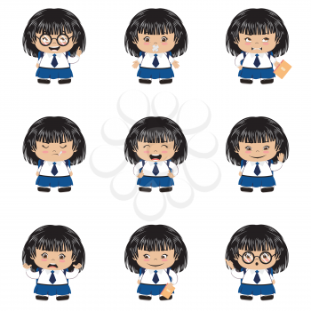 Cute cartoon school girl in different poses and expressions.