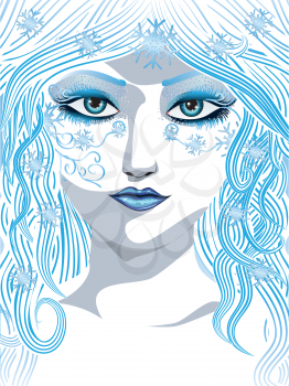 Abstract portrait of a beautiful winter girl with blue hair.