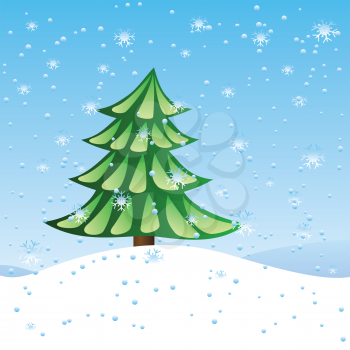Winter holiday scene with green fir tree over blue snowing background.