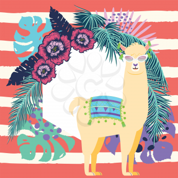 Floral banner with cute llama, tropical leaves and flowers design.