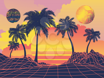 Palm trees on tropical island landscape, sunrise or sunset background.