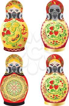 Traditional Russian souvenir matryoshka dolls decorated with folk ornaments in respirator or gas mask.