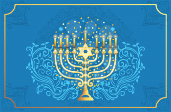 Jewish golden menorah with candles and florals, greeting card for Hanukkah, Jewish festival of lights decoration symbol.
