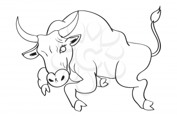 Illustration with cartoon bull in a jump line art design.
