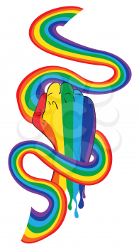 Raised clenched fist with ribbon in rainbow colors, fight for lgbt rights concept.

