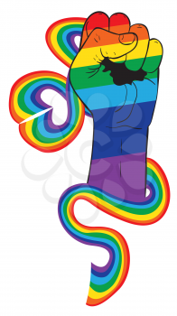 Raised clenched fist with ribbon in rainbow colors, fight for lgbt rights concept.

