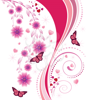 Abstract floral ornament with butterflies and hearts.