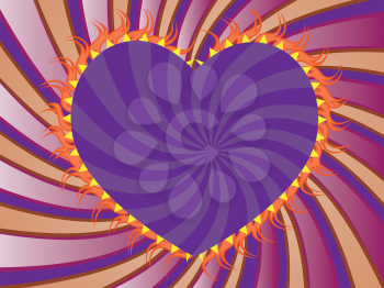 Background with purple, orange rays and violet flaming heart.