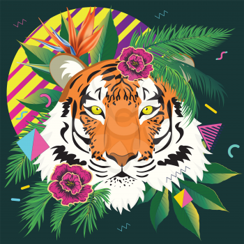 Abstract tiger with geometric elements and tropical plants, retro style illustration.