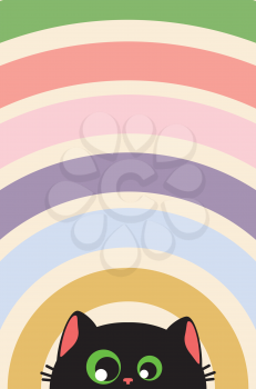 Curious black cat face over colorful retro rays background.