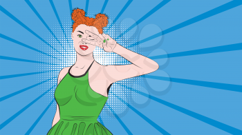 Cartoon young ginger girl showing two fingers up in peace or victory sign, V letter, retro pop art style