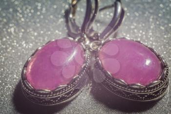 Vintage silver jewelry with purple pink stone, kunzite, agate or quartz.