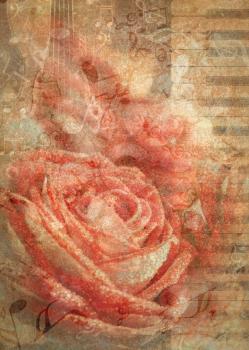 Decorative bouquet of bright red roses, violin and piano, retro paper textured anniversary greeting card background.